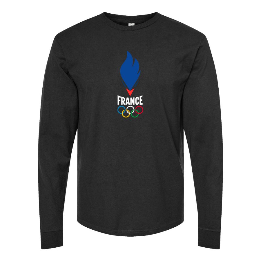 Men's France 2024 white logo Long sleeves Cotton Blend T-Shirt - Black