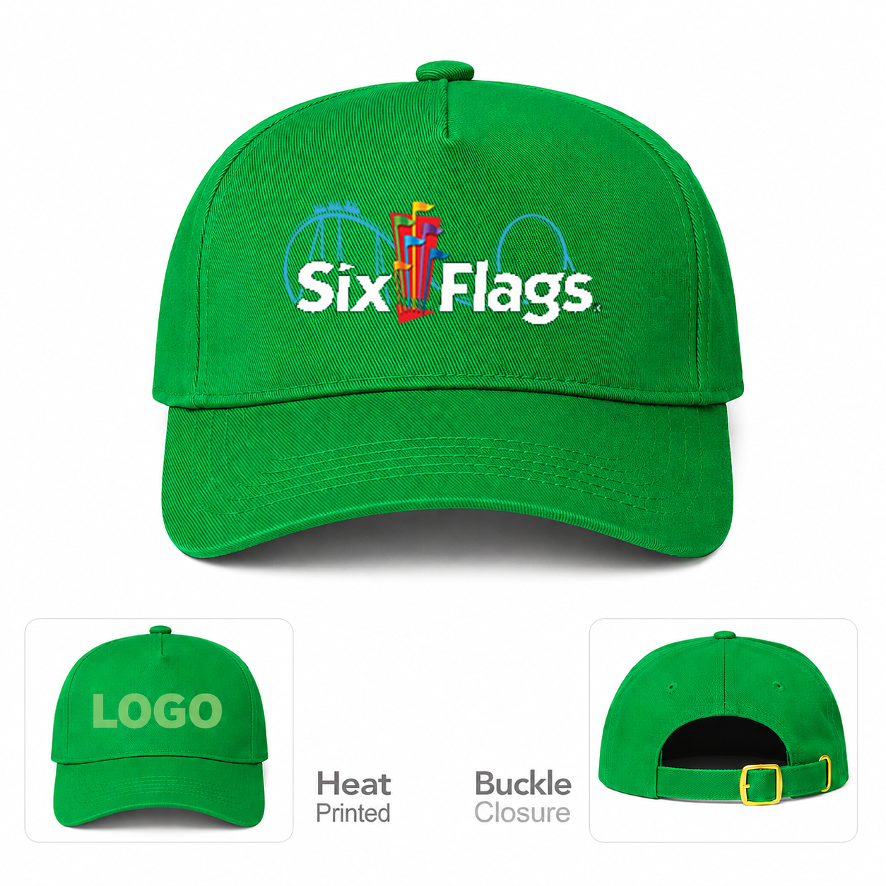 Six Flags Kelly Green Dad Baseball Cap Hat