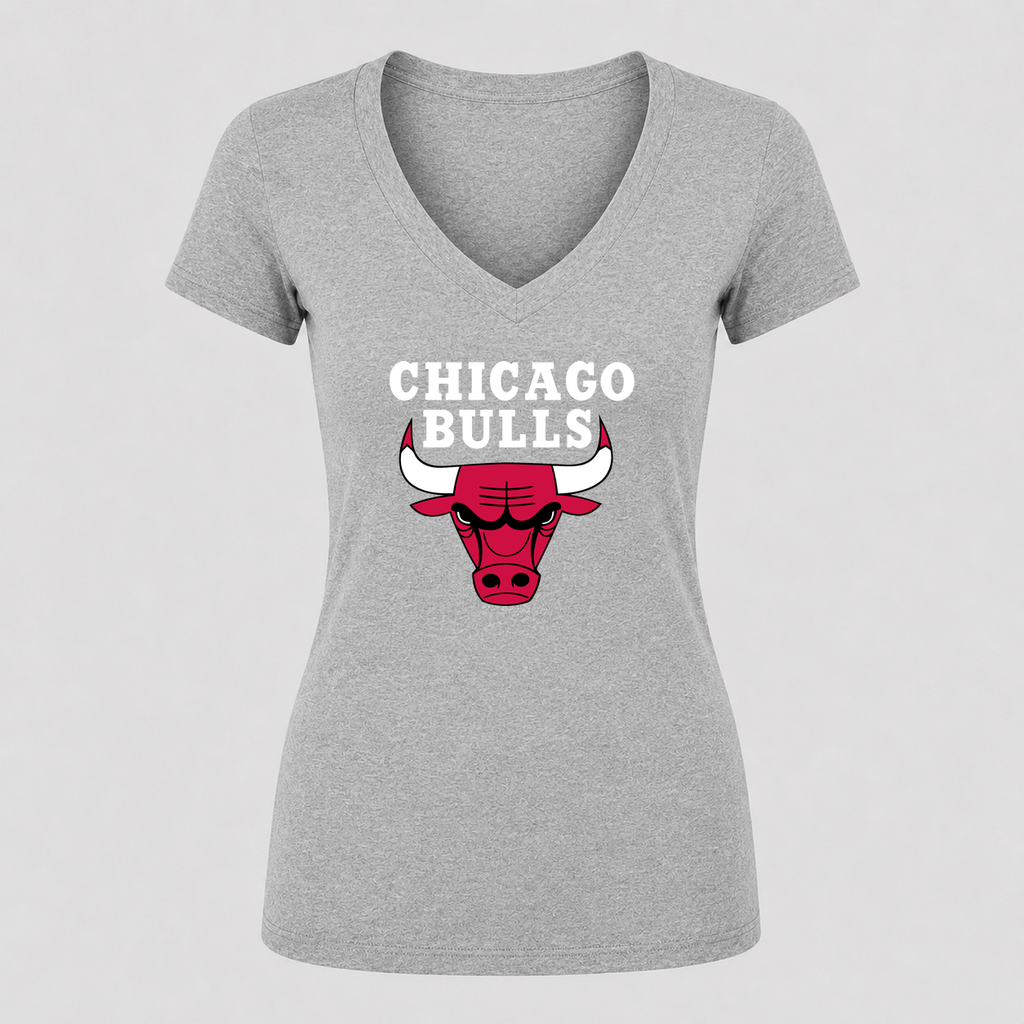 Women's Chicago bulls White Design V Neck T-Shirt in gray