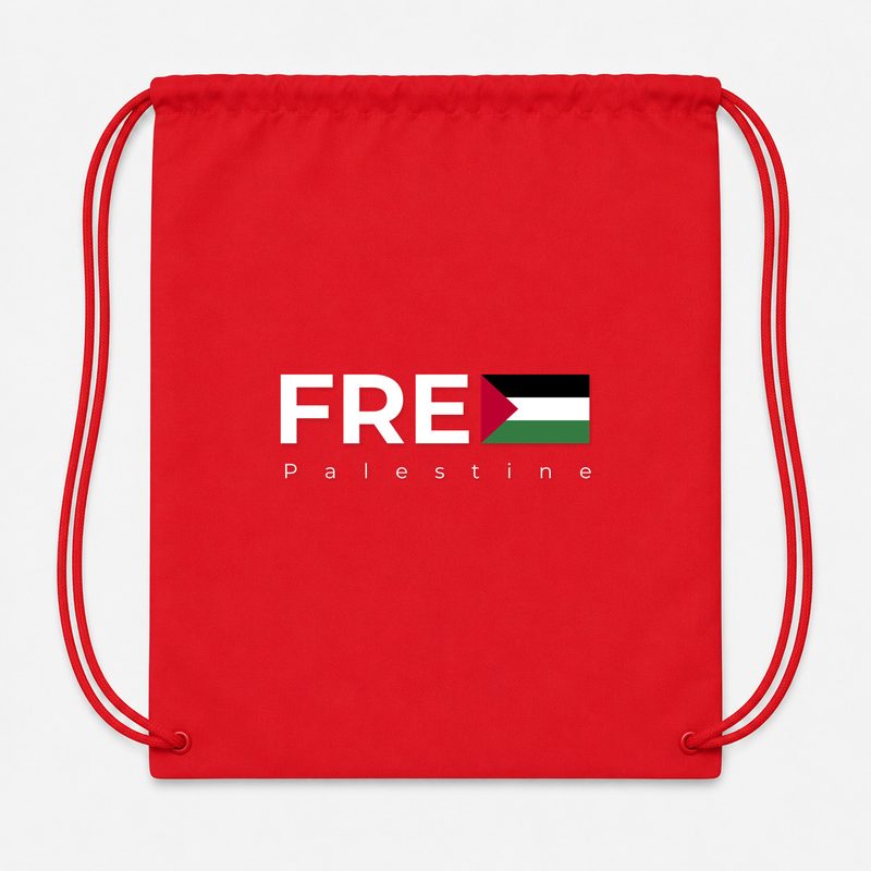 Free Palestine White Drawstring Bag - Red