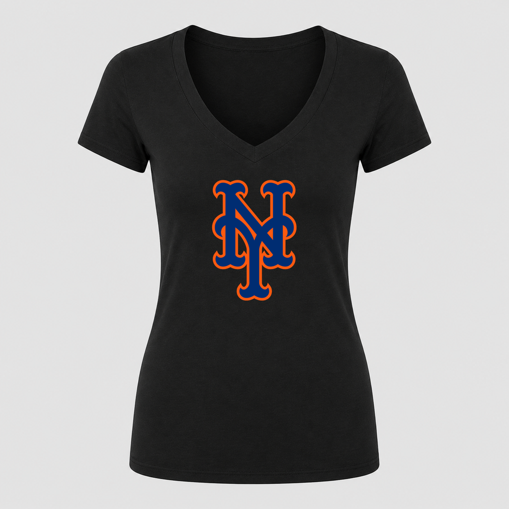 Women's New York Mets V Neck T-Shirt in black
