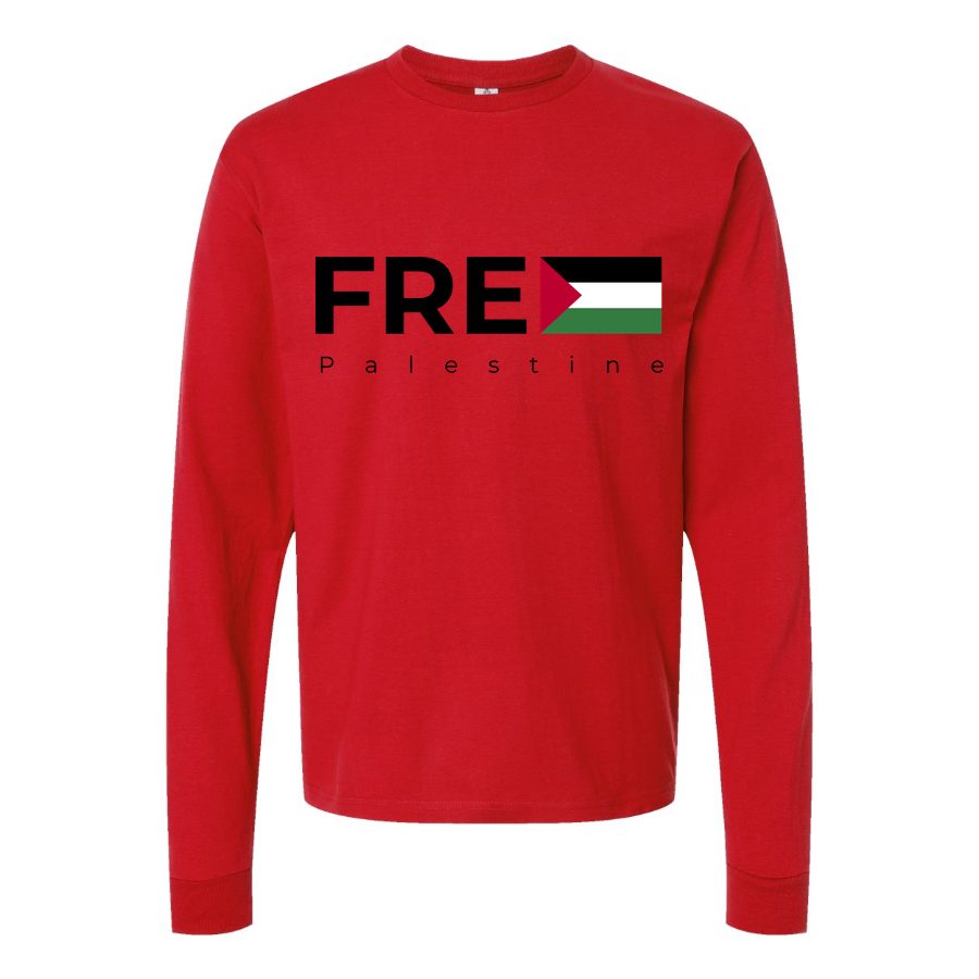 Men's Free Palestine Black Long sleeves Cotton Blend T-Shirt - Red