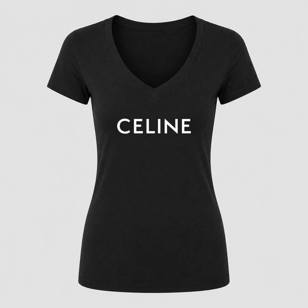 Women's Celine White Design V Neck T-Shirt in black