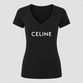 Women's Celine White Design V Neck T-Shirt in black