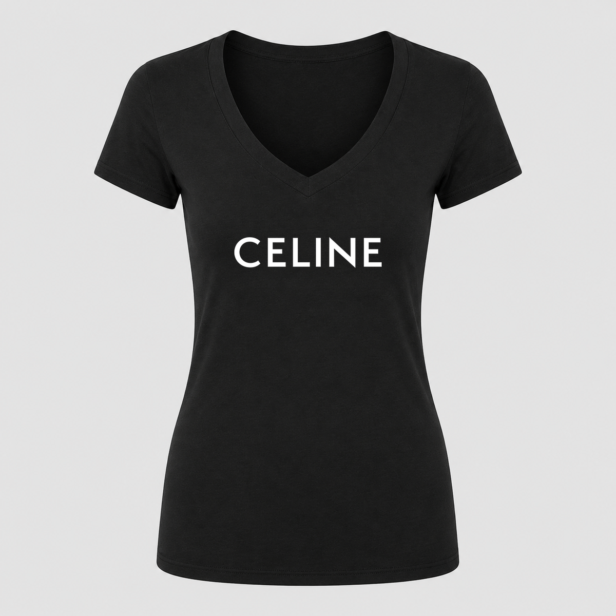 Women's Celine White Design V Neck T-Shirt in black