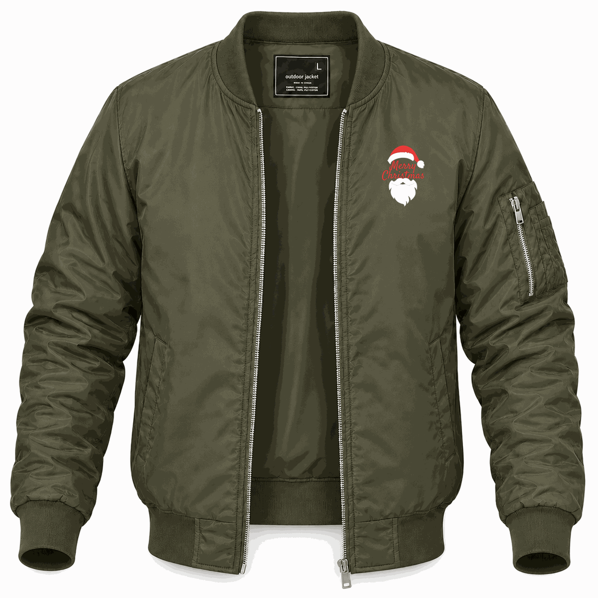 Men's Merry Christmas Santa Claus Lightweight Bomber Jacket - Army Green