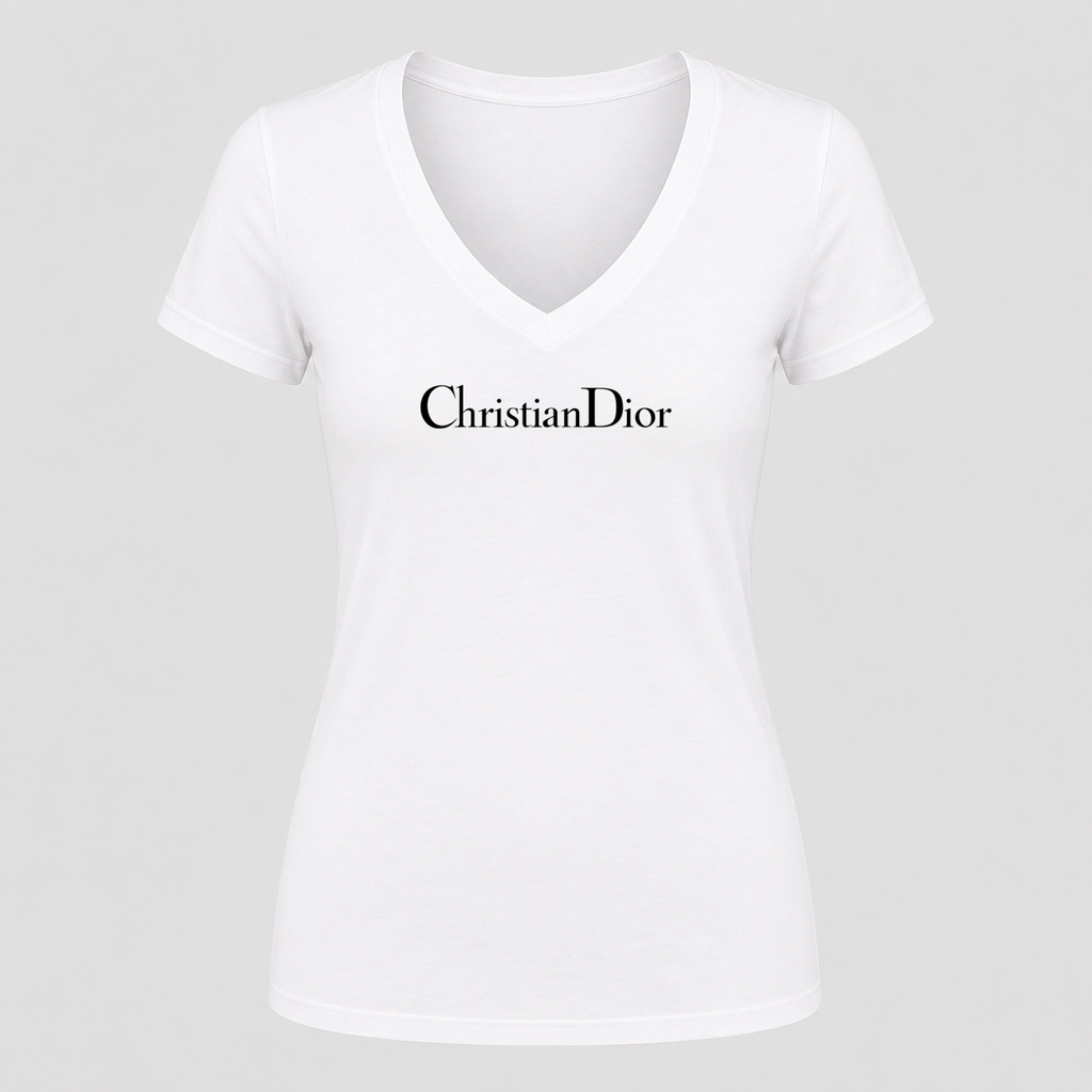 Women's Dior Black Design V Neck T-Shirt in white