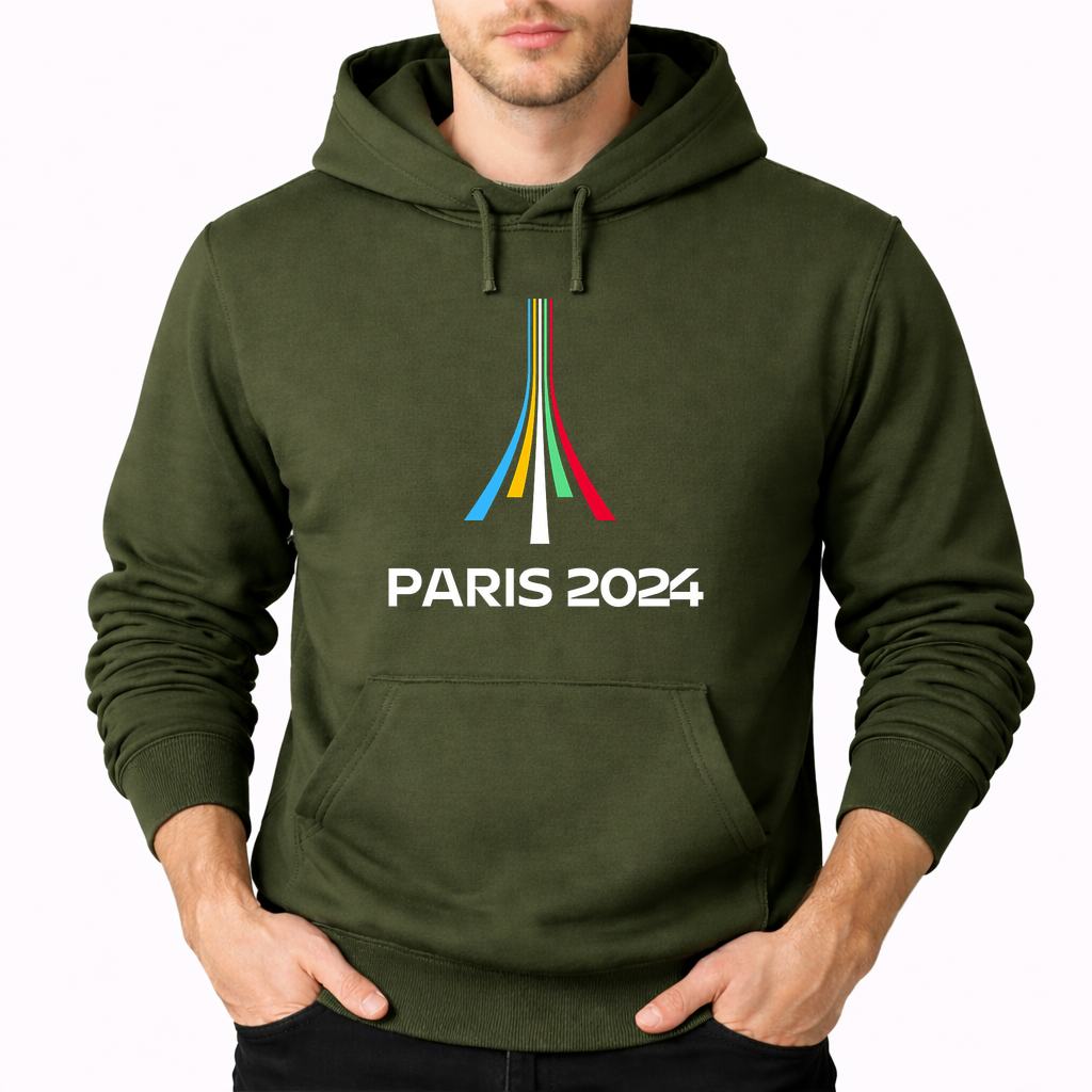 Men's Paris-2024-Olympics--white Pullover Hoodie - Army Green