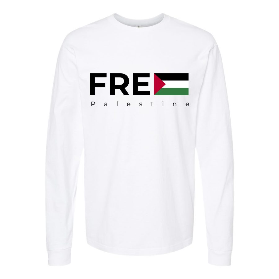 Men's Free Palestine Black Long sleeves Cotton Blend T-Shirt - White