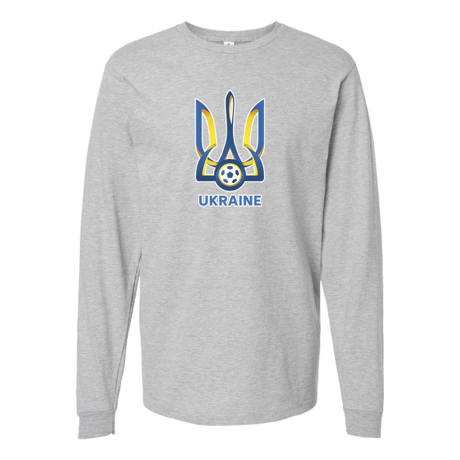 Men's Ukraine National Football Soccer Team Logo Long sleeves Cotton Blend T-Shirt - Gray