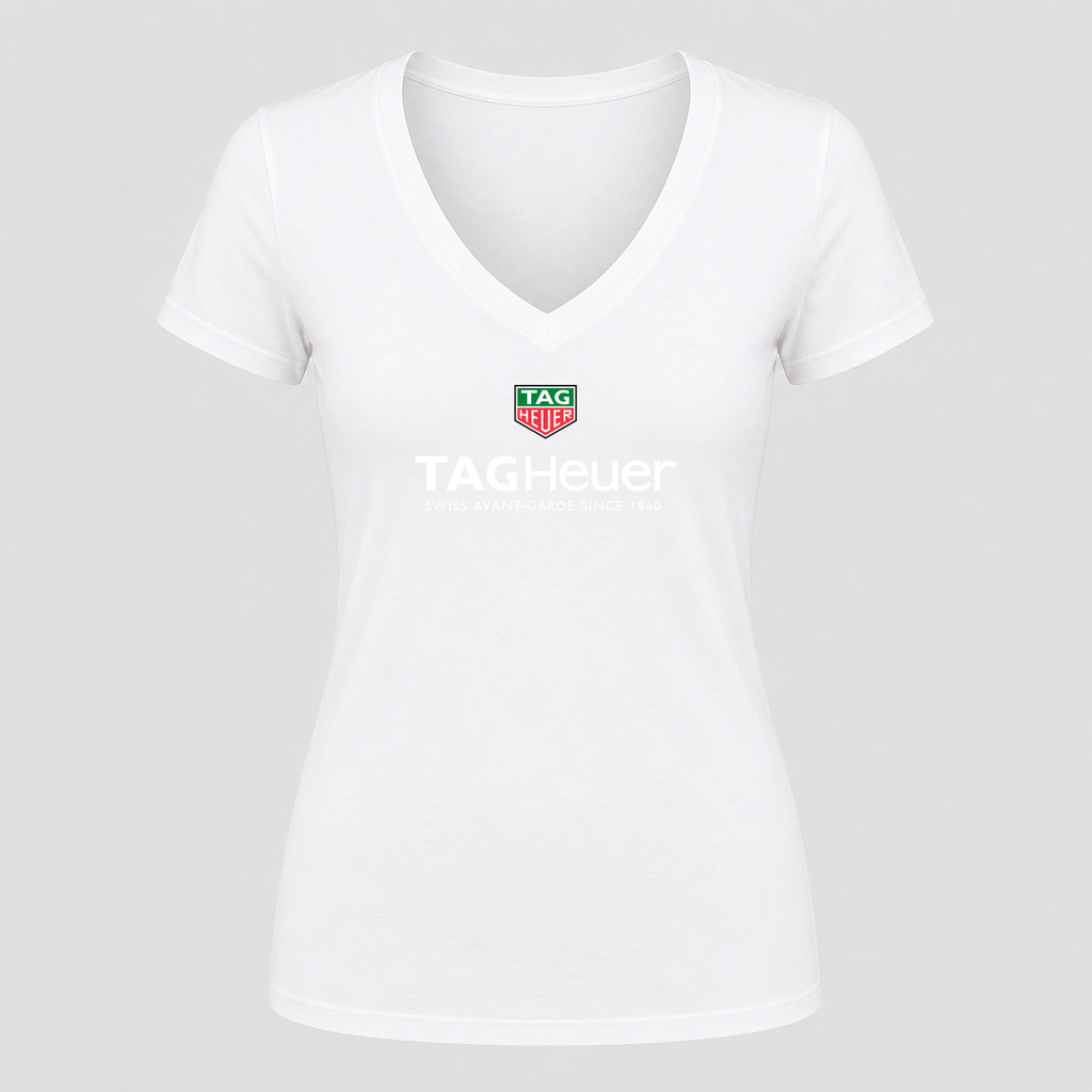Women's TAG Heuer White Design V Neck T-Shirt in white