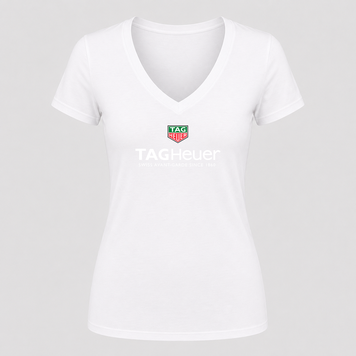 Women's TAG Heuer White Design V Neck T-Shirt in white