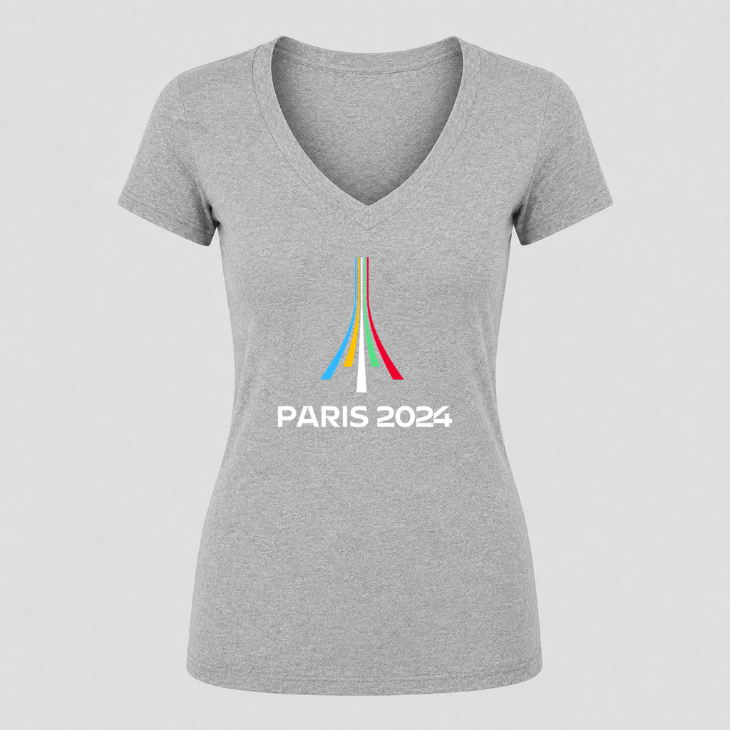 Women's Paris 2024 Olympics White Design V Neck T-Shirt in gray
