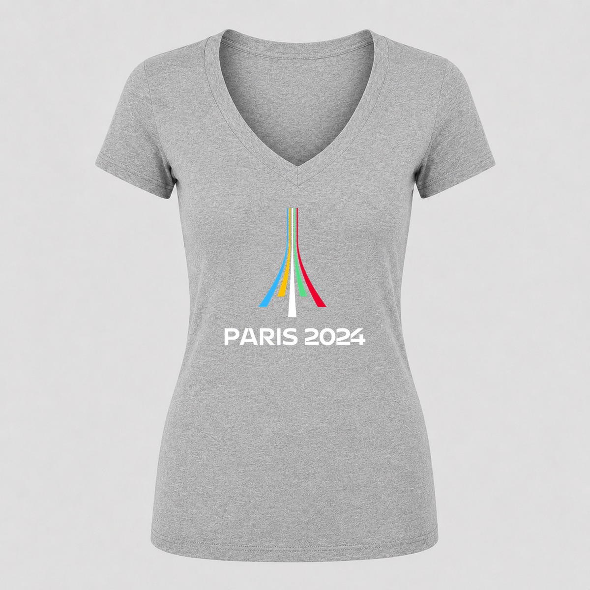 Women's Paris 2024 Olympics White Design V Neck T-Shirt in gray