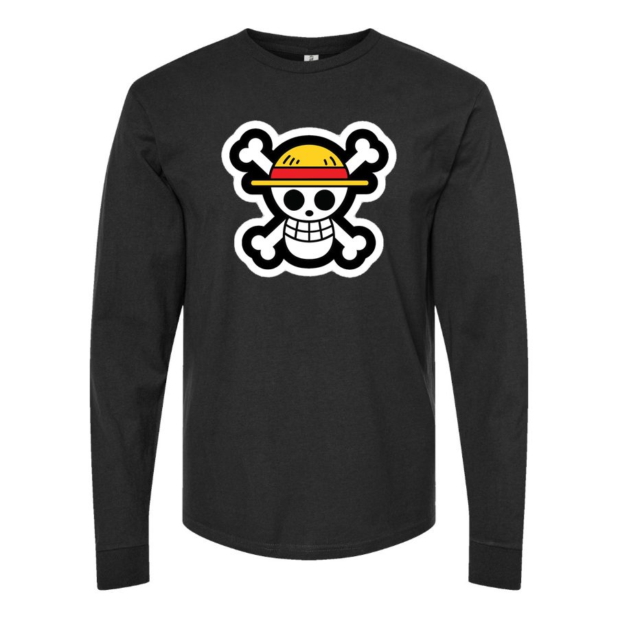 Men's StrawHat Luffy Cartoon Long sleeves Cotton Blend T-Shirt - Black