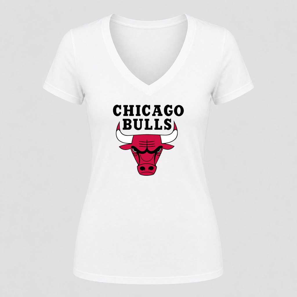 Women's Chicago bulls Black Design V Neck T-Shirt in white