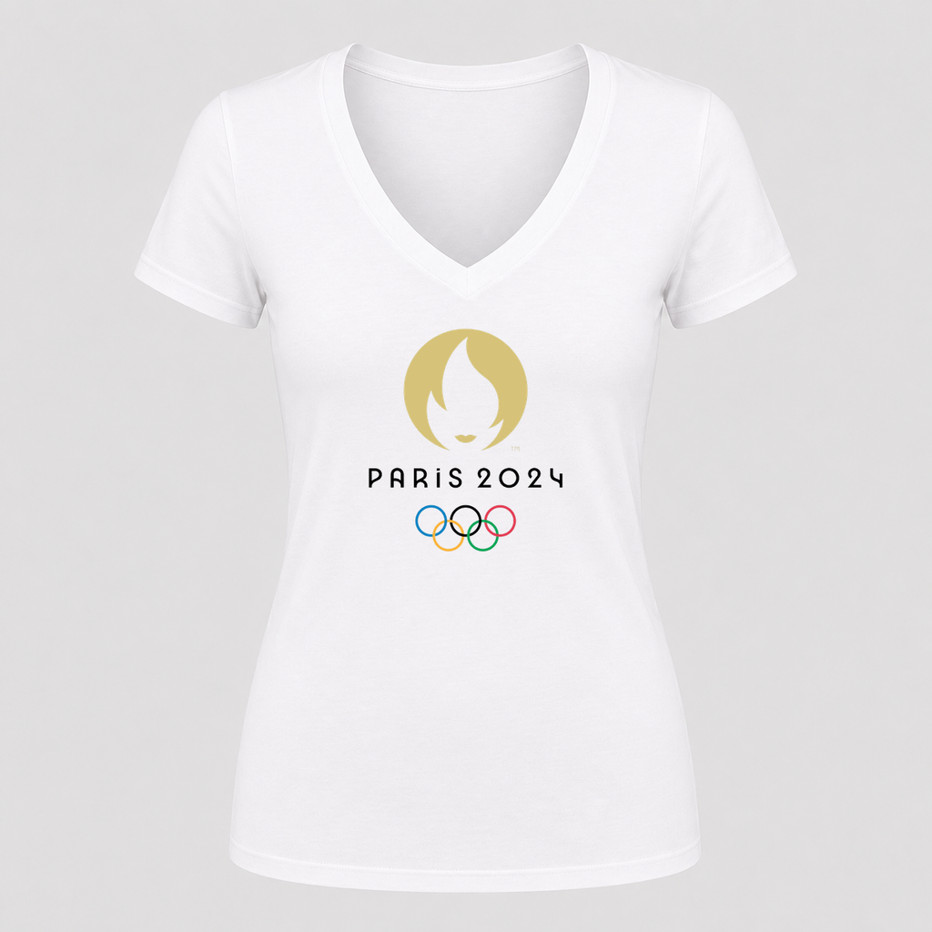 Women's Olympics 2024 Paris Black Design V Neck T-Shirt in white
