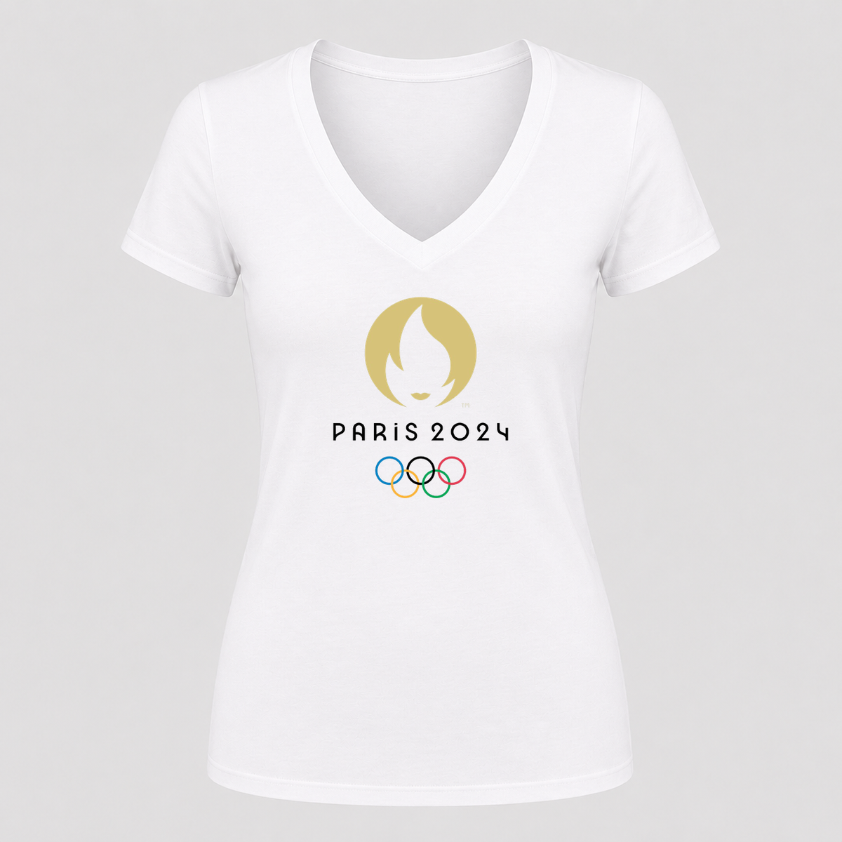 Women's Olympics 2024 Paris Black Design V Neck T-Shirt in white