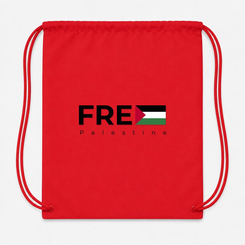 Free Palestine Black Drawstring Bag - Red