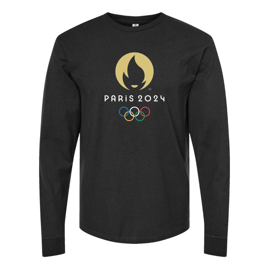 Men's Olympics 2024 Paris White Long sleeves Cotton Blend T-Shirt - Black