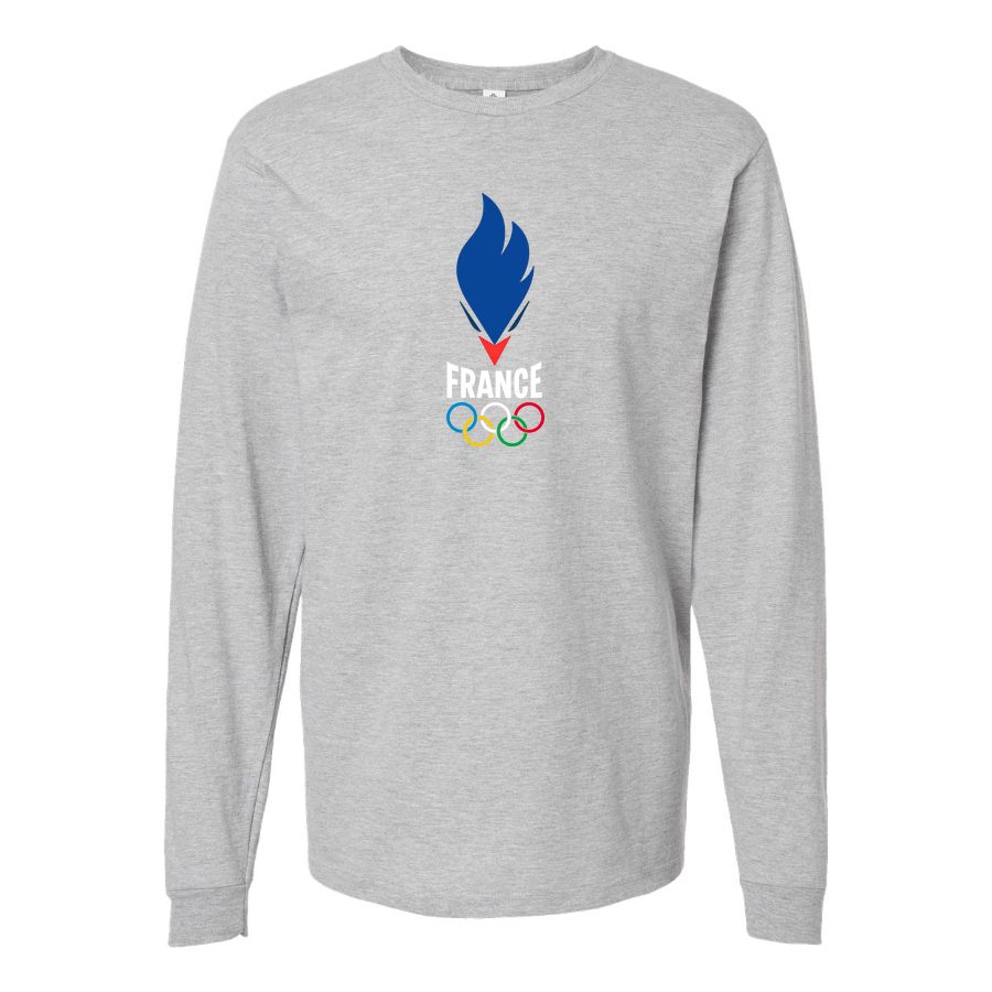 Men's France 2024 white logo Long sleeves Cotton Blend T-Shirt - Gray