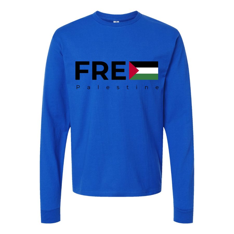 Men's Free Palestine Black Long sleeves Cotton Blend T-Shirt - Blue
