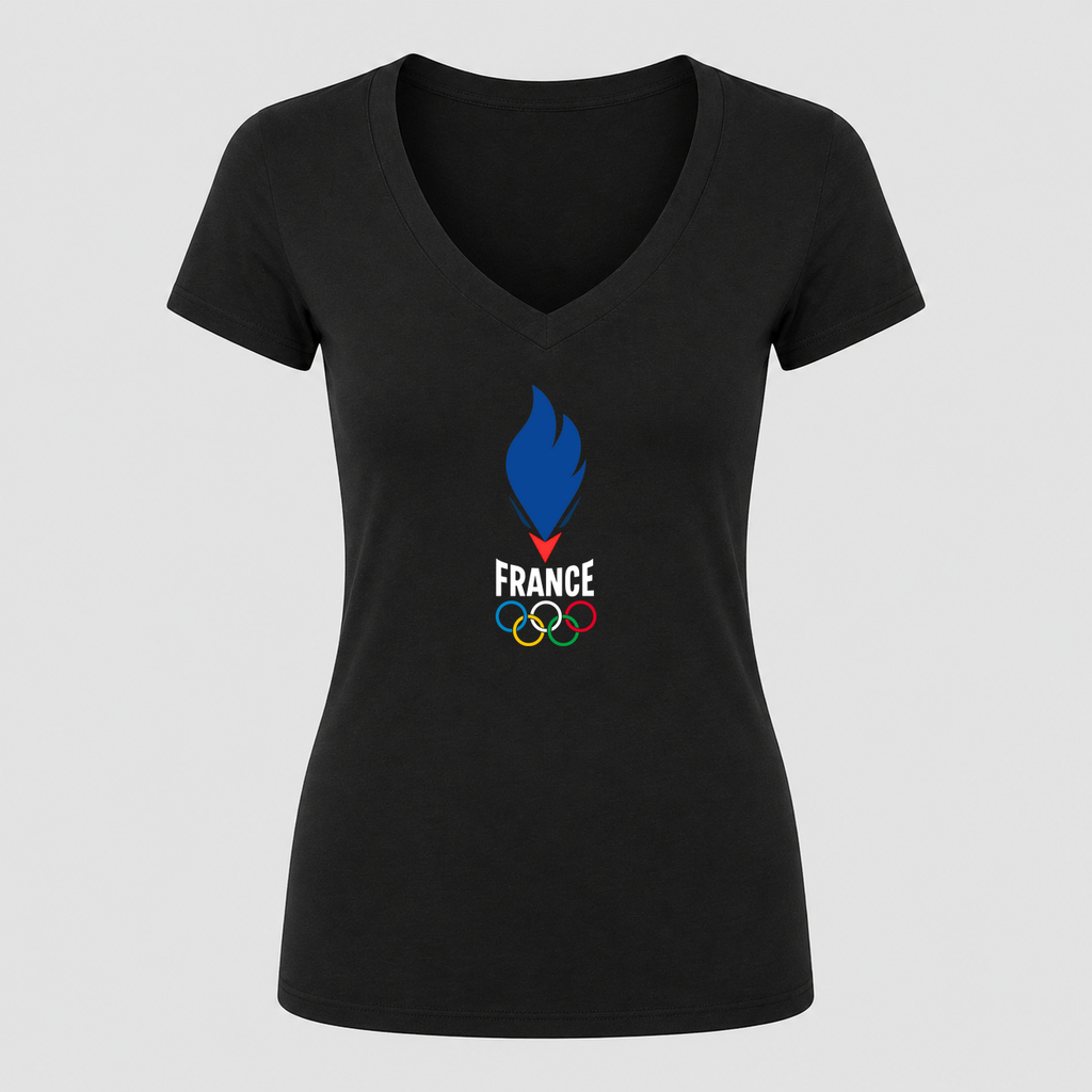 Women's France 2024 White Design V Neck T-Shirt in black