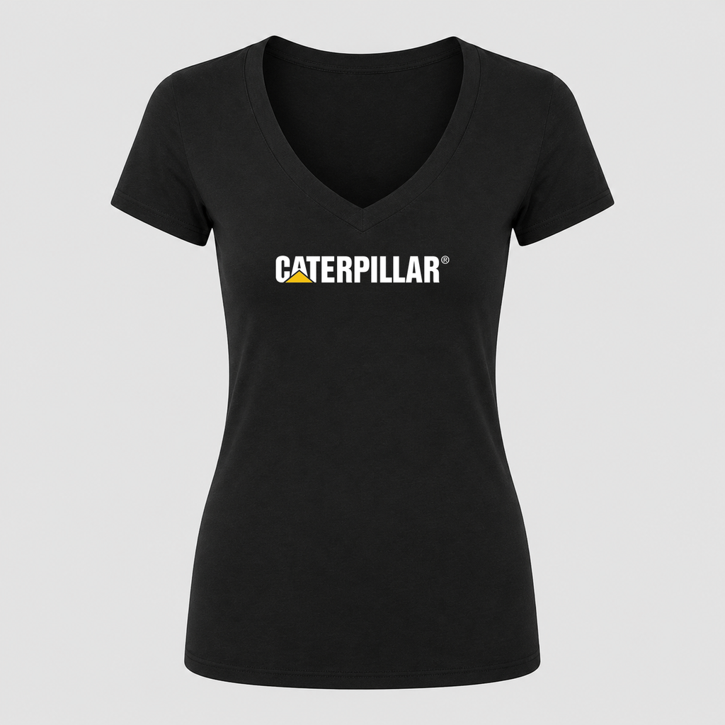 Women's Caterpillar White Design V Neck T-Shirt in black