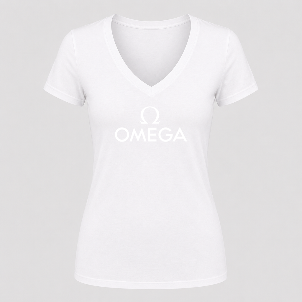 Women's Omega White Design V Neck T-Shirt in white
