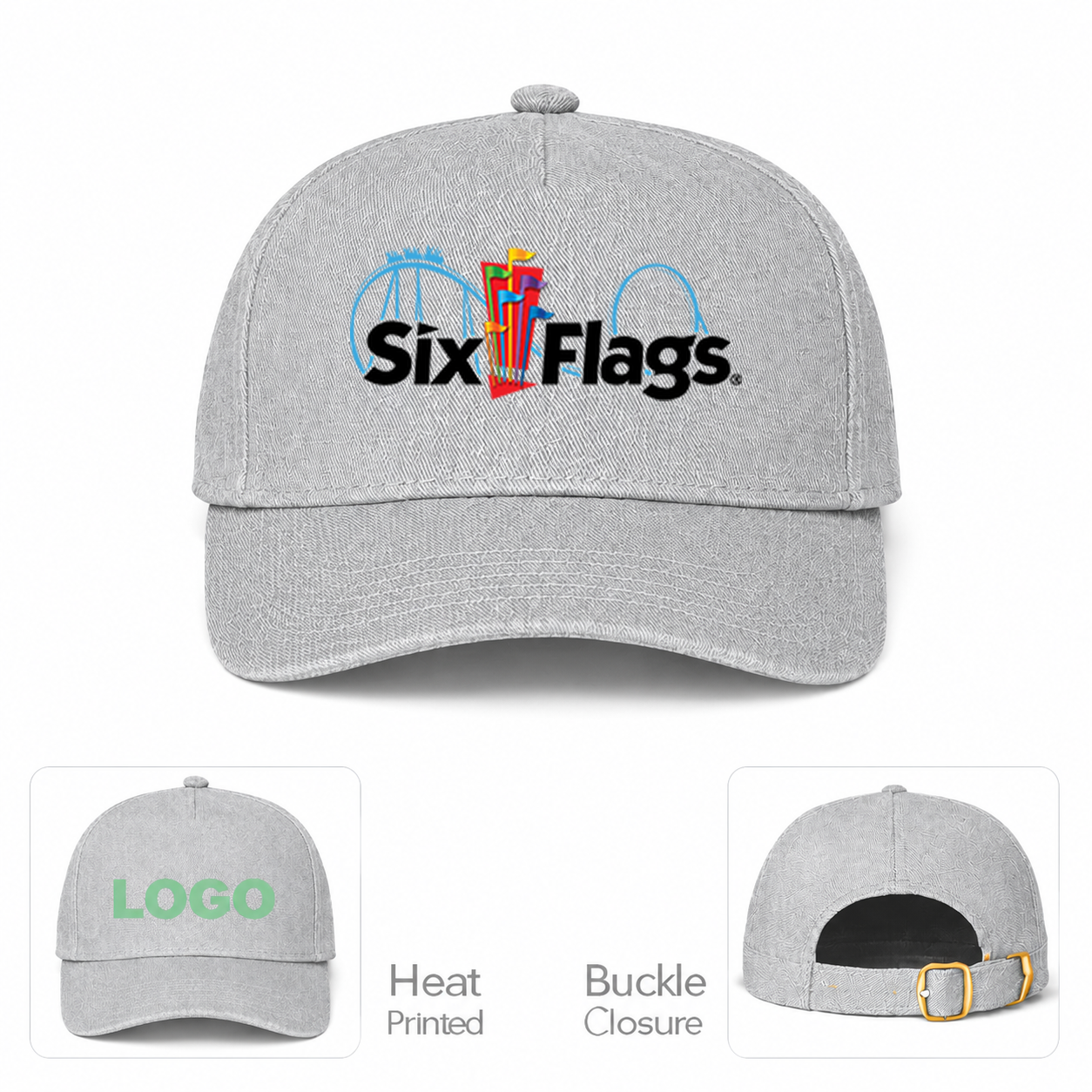 Six Flags Gray Dad Baseball Cap Hat