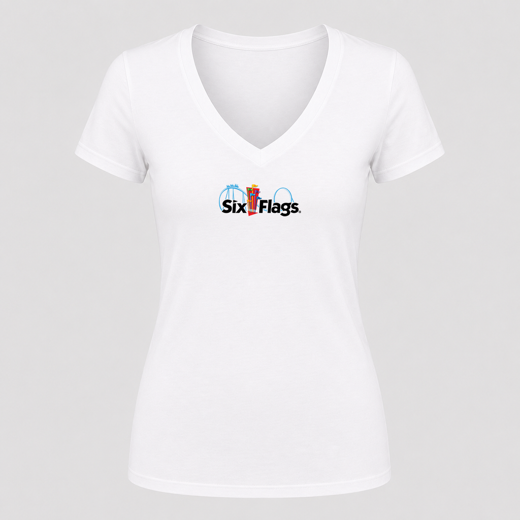 Women's Six Flags V Neck T-Shirt in white