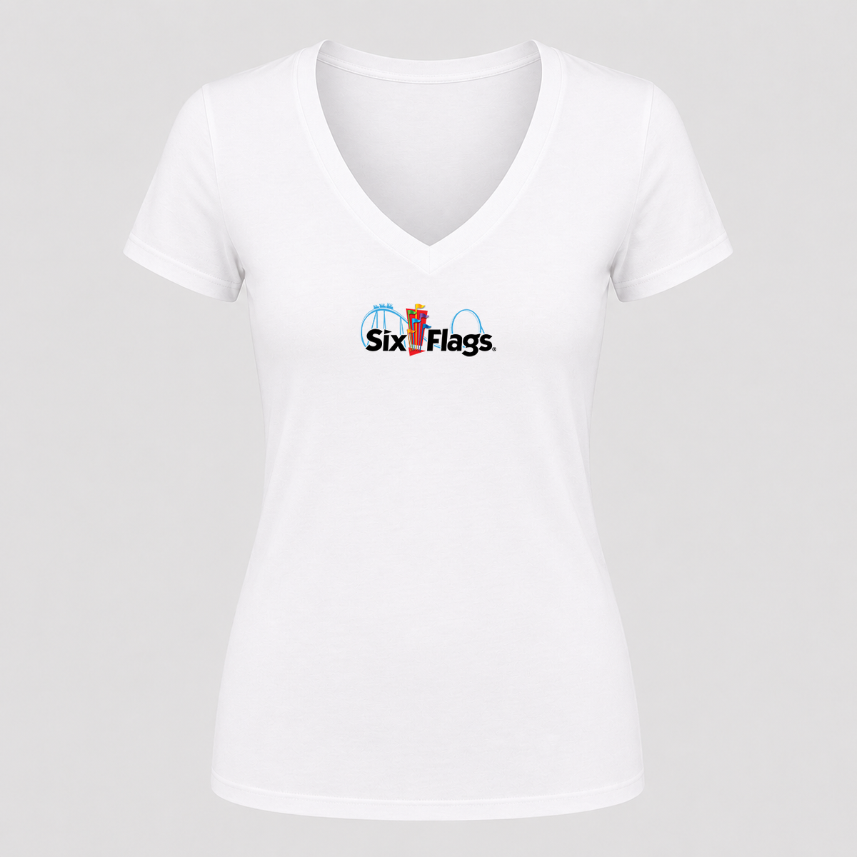 Women's Six Flags V Neck T-Shirt in white