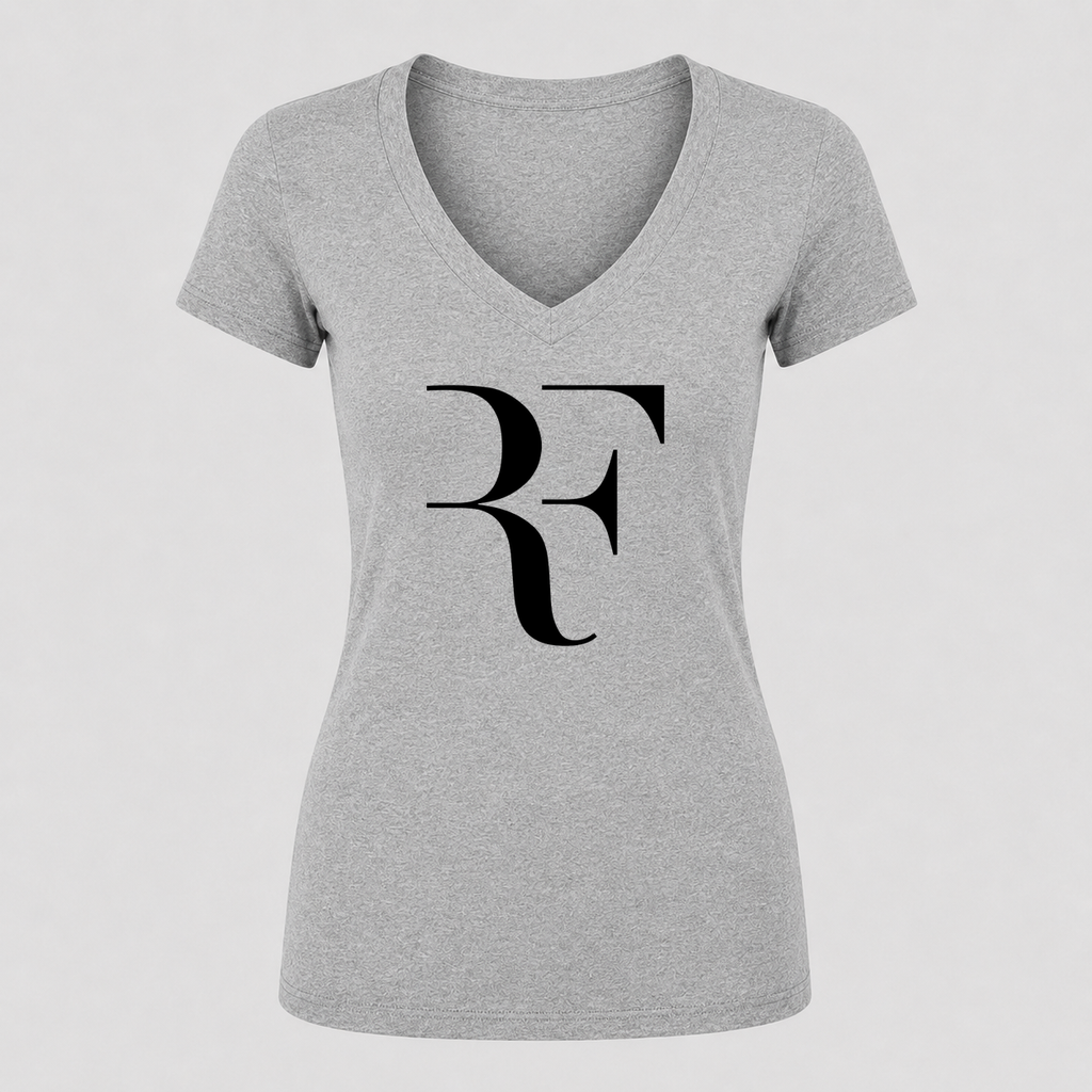 Women's Roger Federer Black Design V Neck T-Shirt in gray