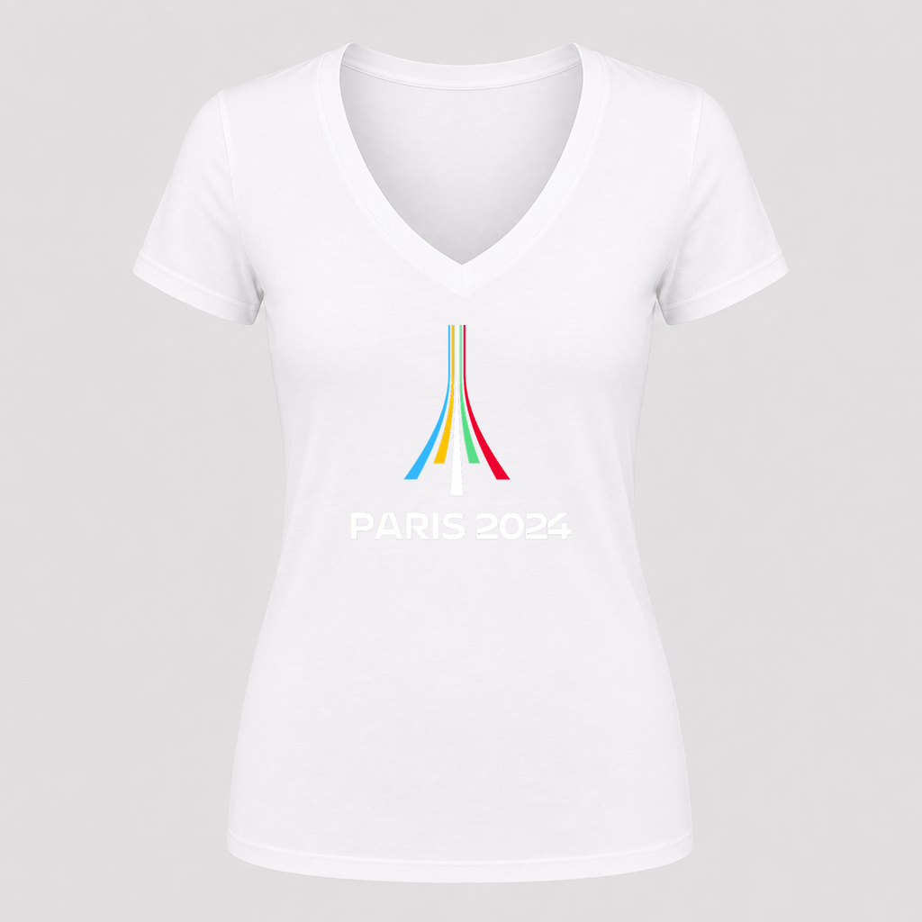 Women's Paris 2024 Olympics White Design V Neck T-Shirt in white