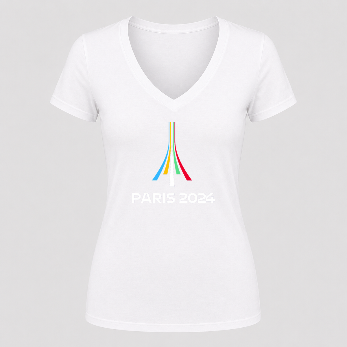 Women's Paris 2024 Olympics White Design V Neck T-Shirt in white