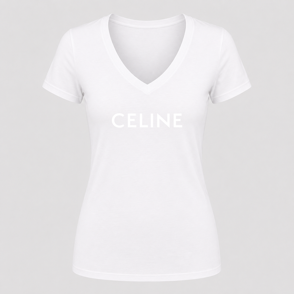 Women's Celine White Design V Neck T-Shirt in white