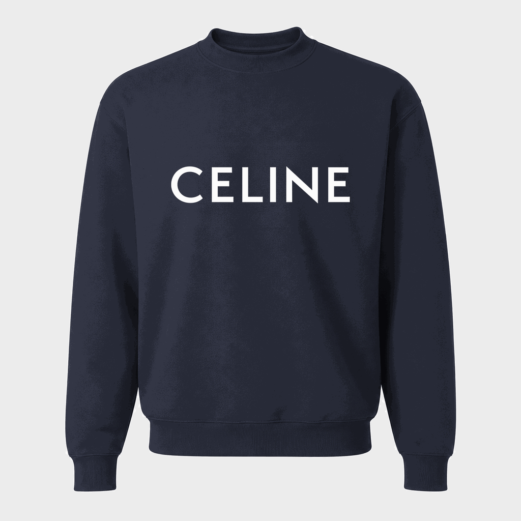 Men's Celine White Logo Crewneck Sweatshirt - Navy