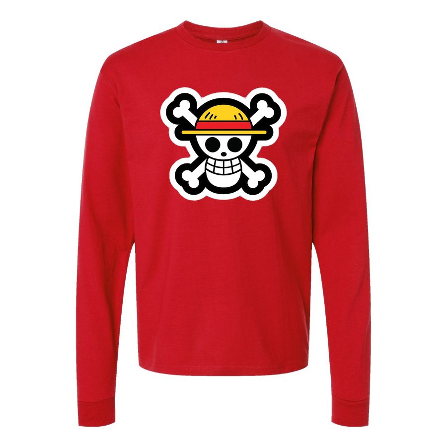 Men's StrawHat Luffy Cartoon Long sleeves Cotton Blend T-Shirt - Red