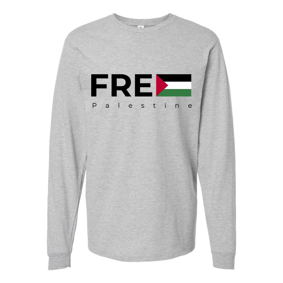 Men's Free Palestine Black Long sleeves Cotton Blend T-Shirt - Gray