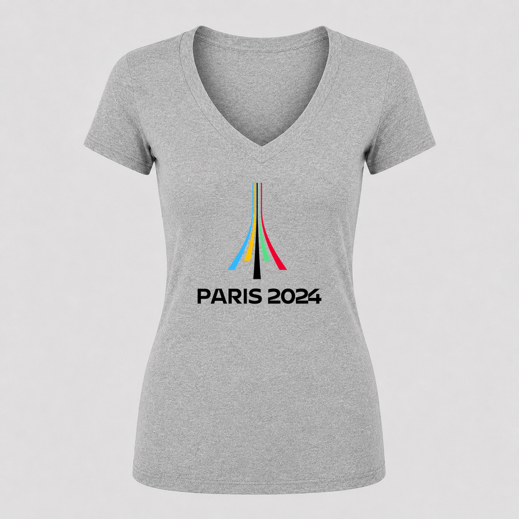 Women's Paris 2024 Olympics Black Design V Neck T-Shirt in gray