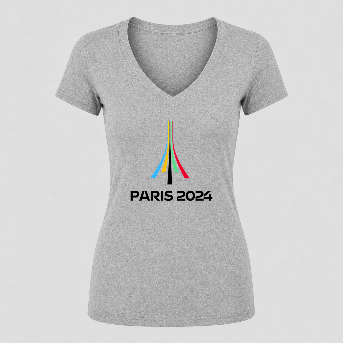 Women's Paris 2024 Olympics Black Design V Neck T-Shirt in gray