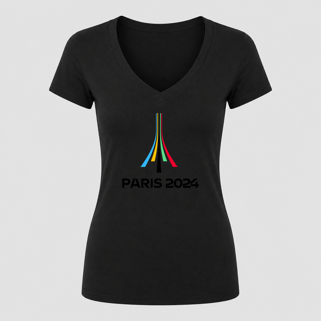 Women's Paris 2024 Olympics Black Design V Neck T-Shirt in black