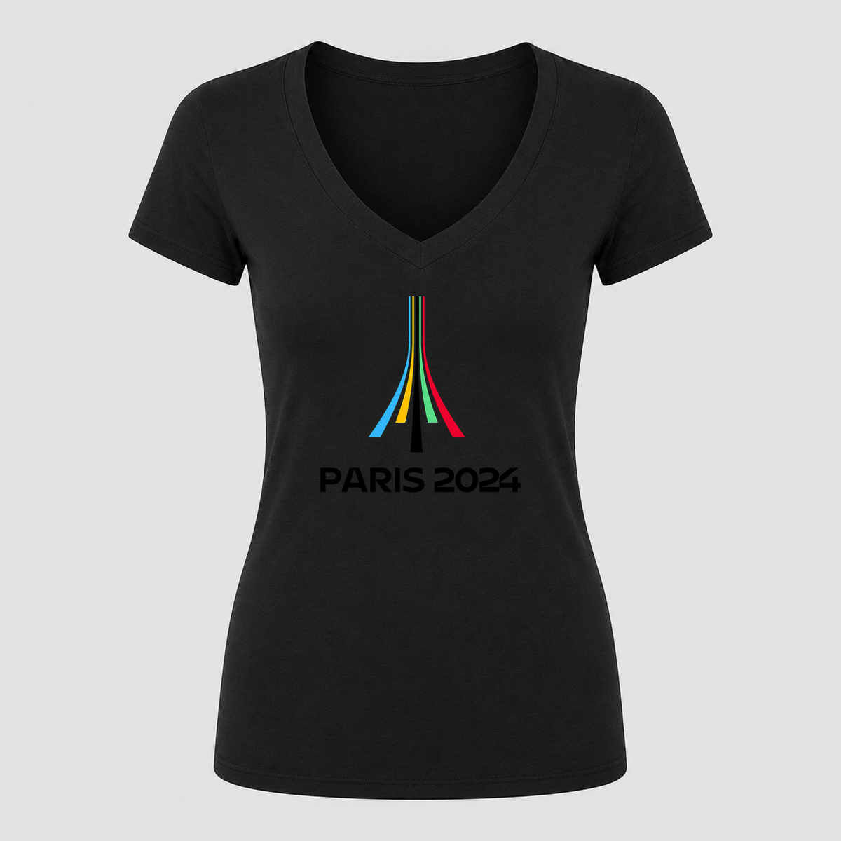 Women's Paris 2024 Olympics Black Design V Neck T-Shirt in black
