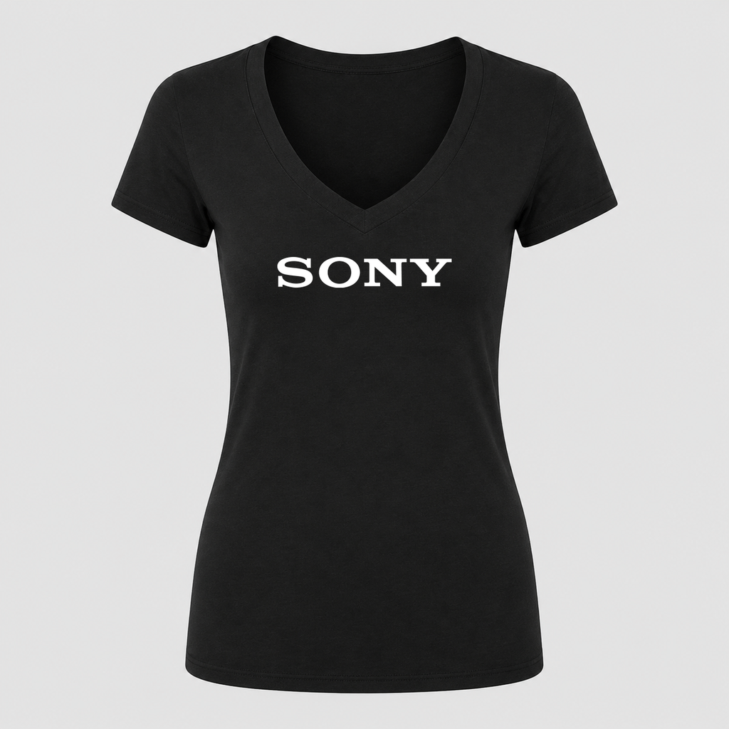 Women's Sony White Design V Neck T-Shirt in black