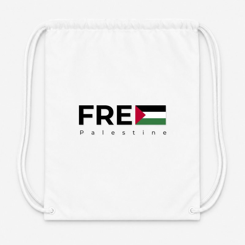 Free Palestine Black Drawstring Bag - White