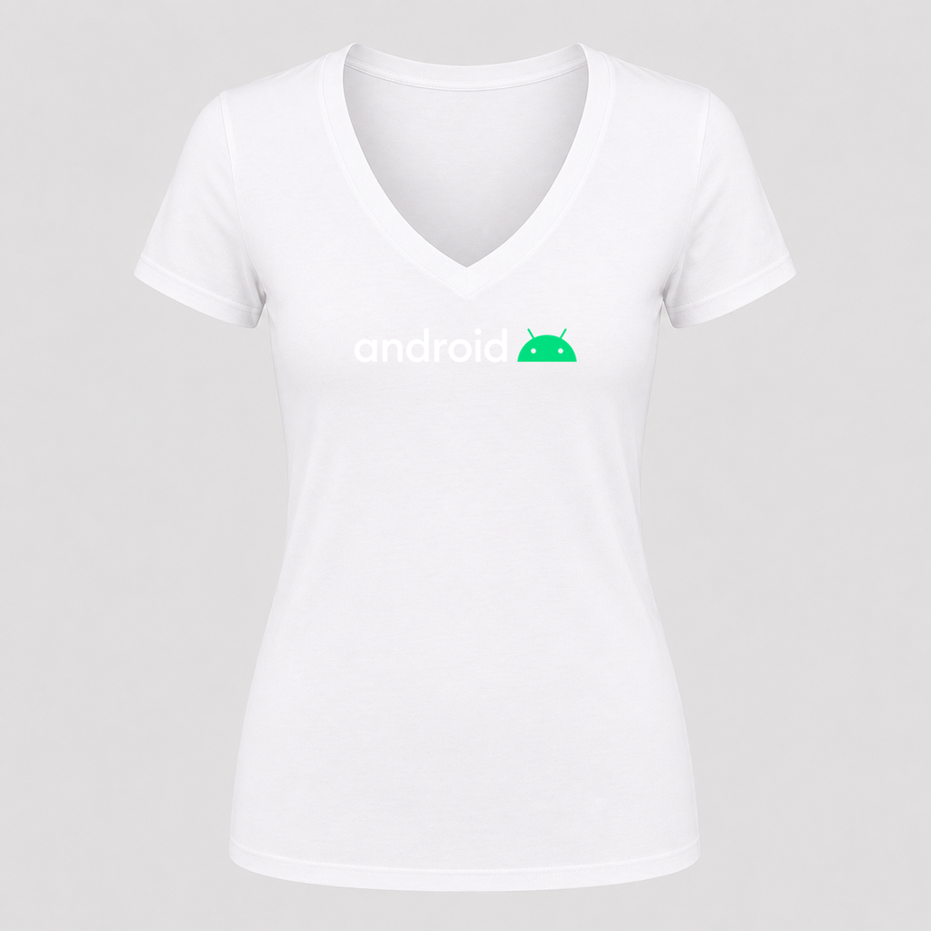 Women's Android White Design V Neck T-Shirt in white