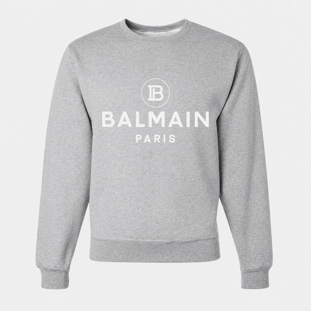 Men's Balmain Paris White Logo Crewneck Sweatshirt - Gray