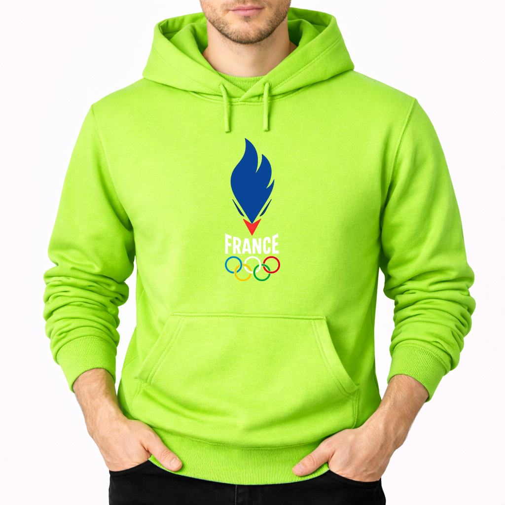 Men's France 2024 white Pullover Hoodie - Lime green
