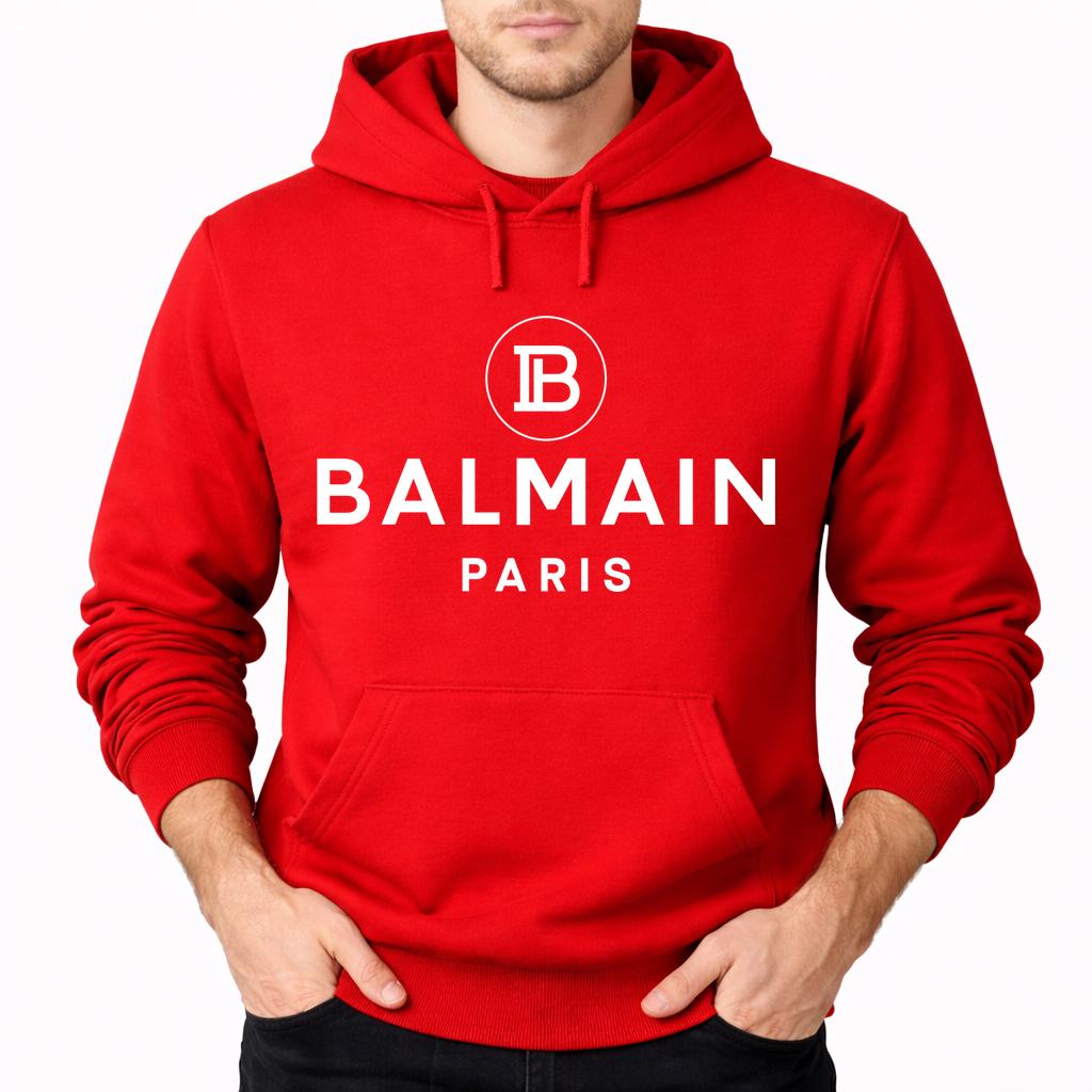 Men's Balmain Paris White Pullover Hoodie - Red