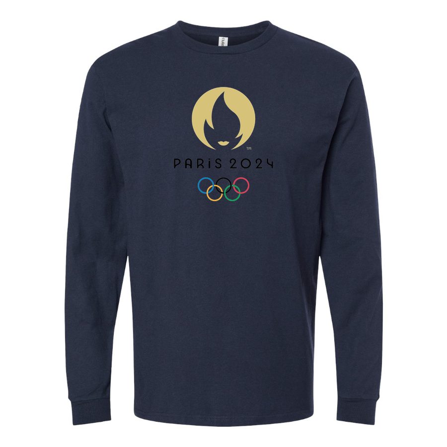 Men's Olympics 2024 Paris Black Long sleeves Cotton Blend T-Shirt - Navy